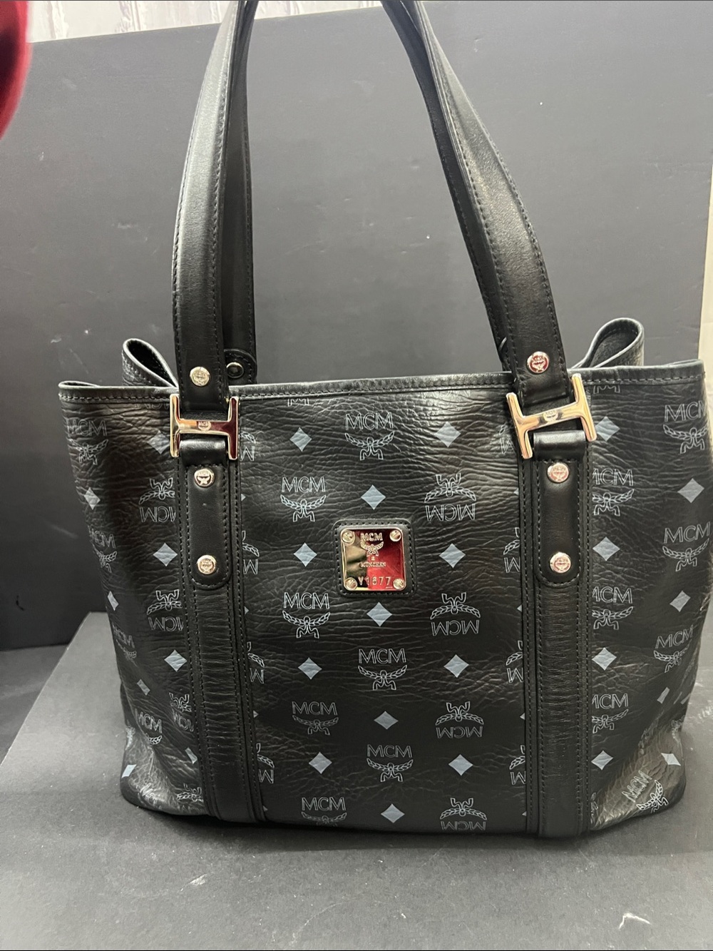 MCM Black Logo-Print Leather Tote with Gold Hardware